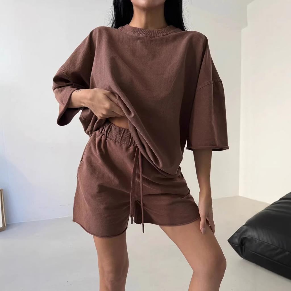 2026 Summer New Women's Pure Color Loose Casual Sportswear Hoodie Set 2 Piece Outfit Fashion Slim Short Sleeve Tee and Shorts