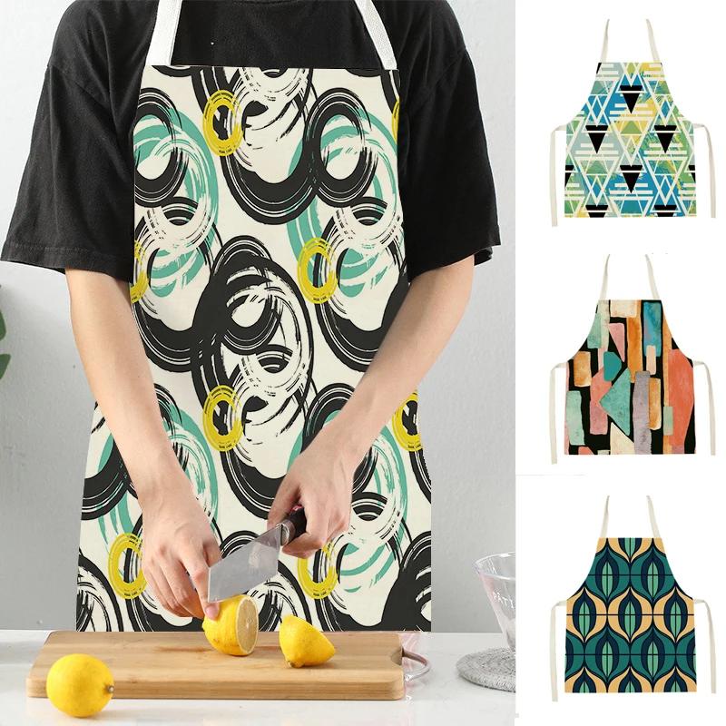 Geometry Stripe Triangles Pattern Kitchen Apron for Women Linen Bibs House Cleaning Pinafore Home Cooking Apron Accessories