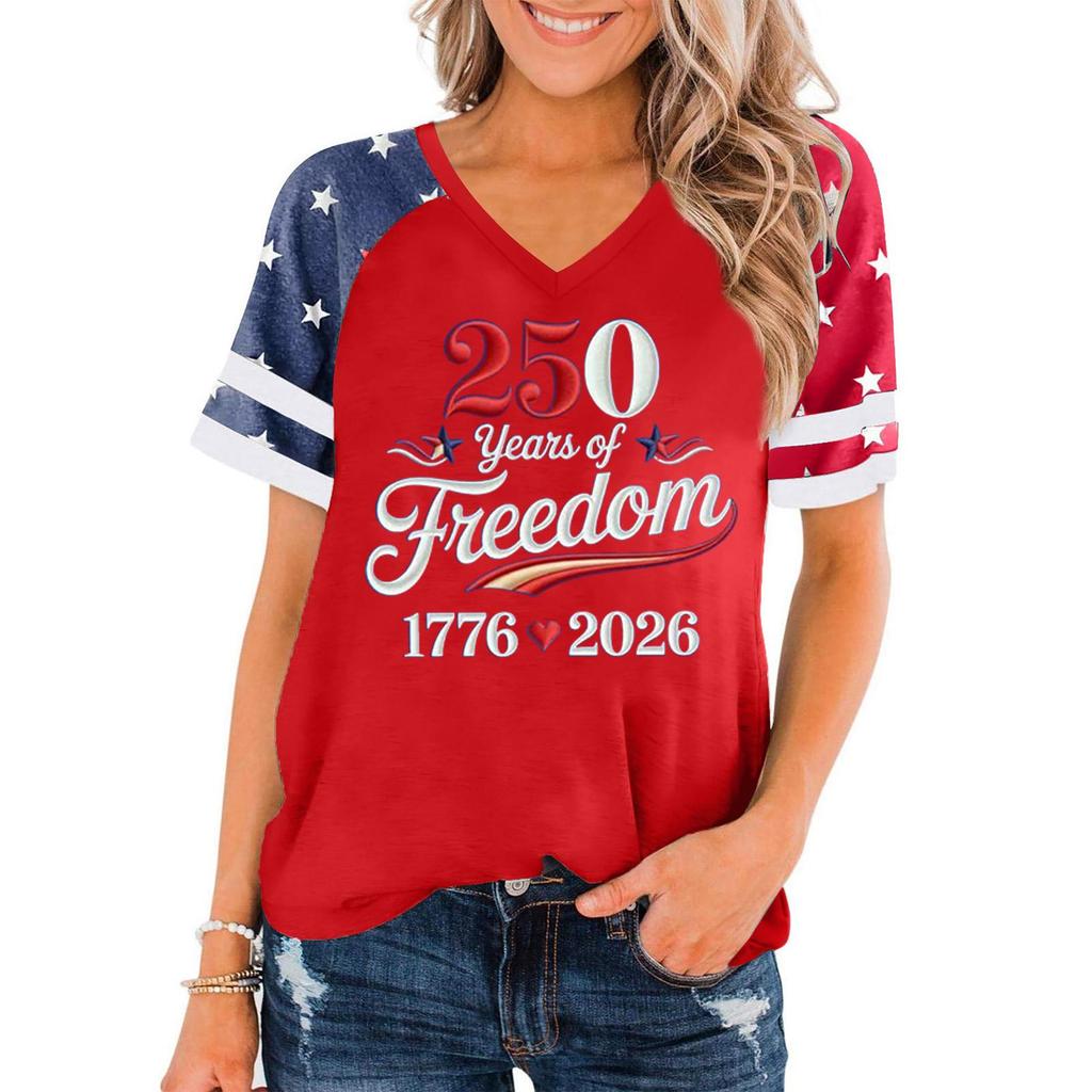 Women's Casual V Neck Short Sleeve Pullover T Shirt Independence Day Graphic Tee 250 Years of Freedom 1776 2026 Commemorative Top