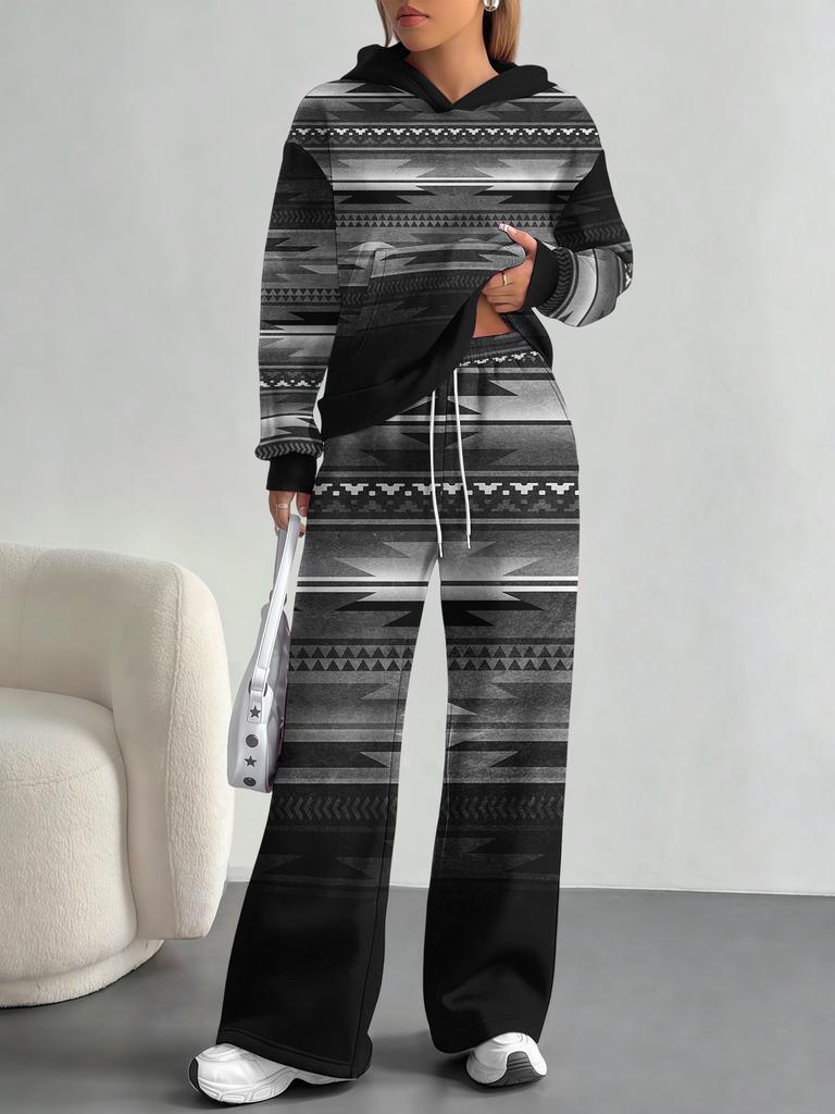 European And American Autumn And Winter Casual Long-Sleeved Suit Women'S Bohemian Hooded Sweater Trousers Two-Piece Set