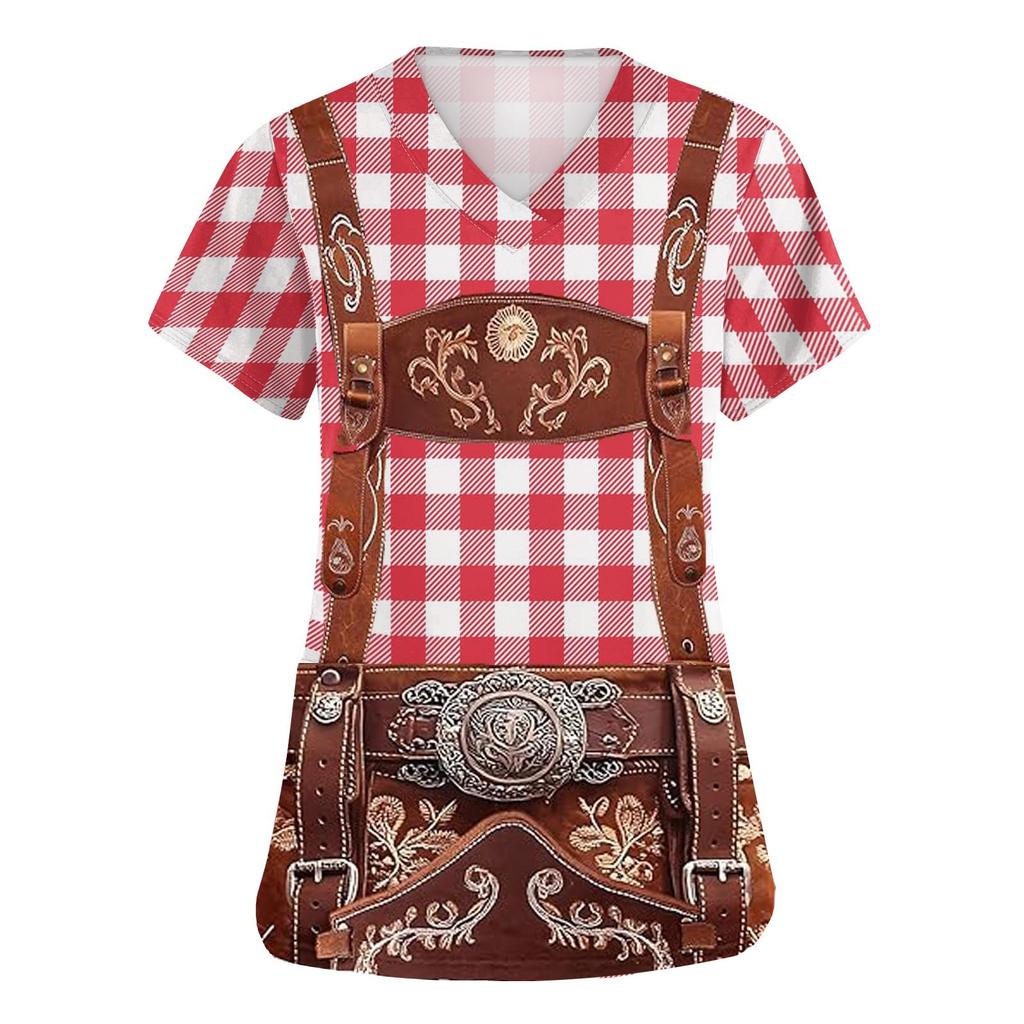 Women's V Neck Short Sleeve Work Shirt with Pockets Oktoberfest Print Top for Healthcare and Service Uniforms Lightweight Comfortable Fit