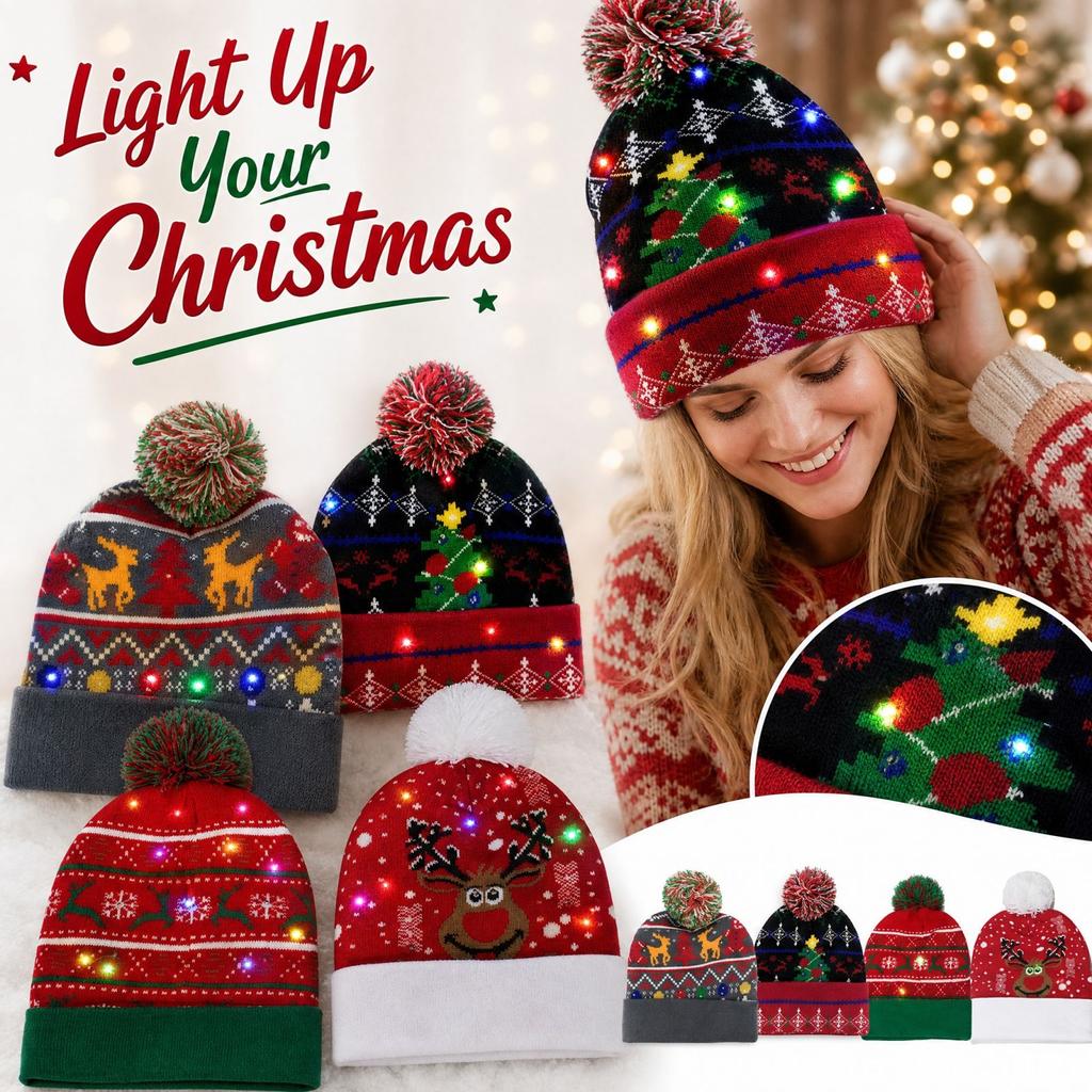 Women's Christmas Light-Up Knit with Design, Multicolor Glowing Winter Hat
