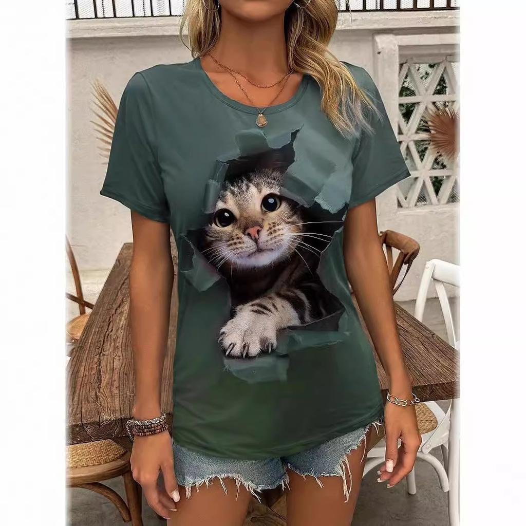 Summer Cute Cat Pattern Printed T-shirts for Commuting Elegant Short Sleeve Round Neck Women's T-shirts