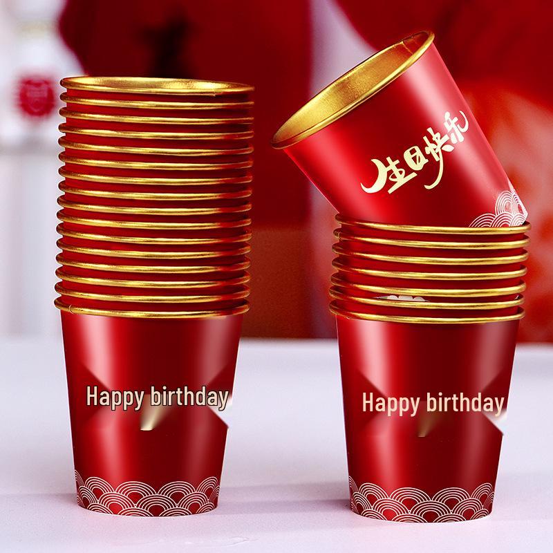 Red Disposable Paper Cups for Baby's Hundred-Day and First Birthday Celebrations with Gold Foil Design
