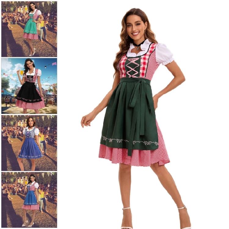 Adults Women's Oktoberfest Costume German Bavarian Beer Outfits Dirndl Dress Apron Bows Ribbon for Halloween Party