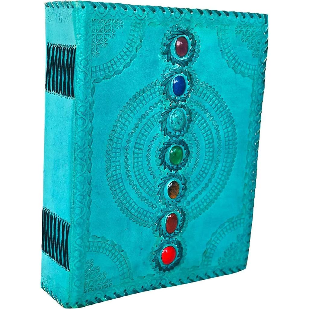 Fat Leather 600 Pages Journal Large Seven Stone Leather Notebook Journal Blank Handmade Book Sketchbook Everyday Use (Lined Pages, Turquoise)