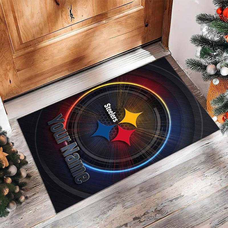 Pittsburgh Steelers Crystal Velvet Rug, Custom Name Text Personalized Non‑Slip Floor Mat for Home Decor Gift