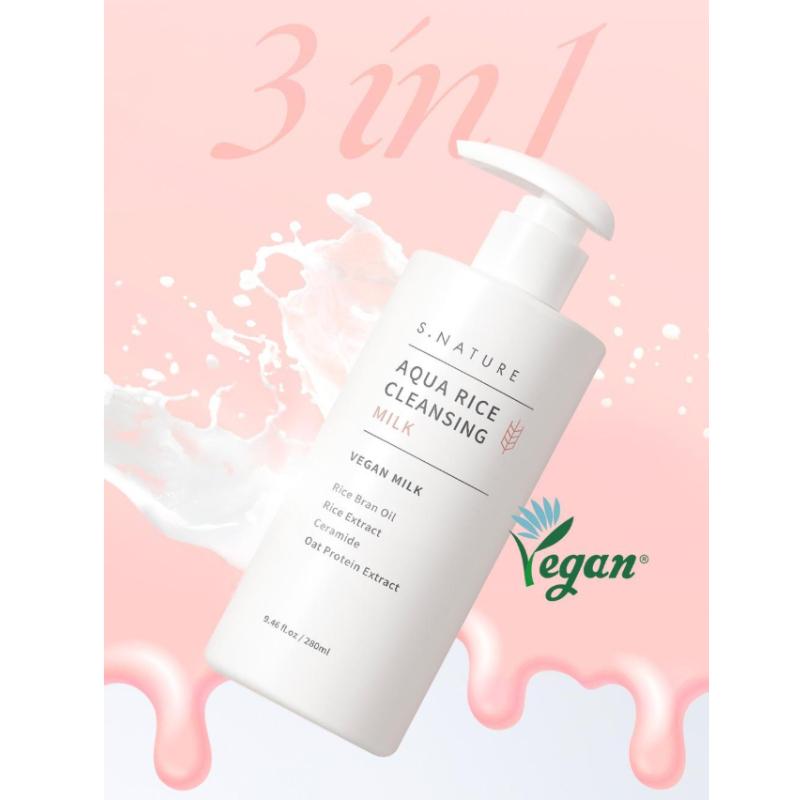 S.NATURE Aqua Rice Cleansing Milk Set – Gentle Hydrating Makeup Remover for Sensitive Skin (280ml + Refill 100ml)