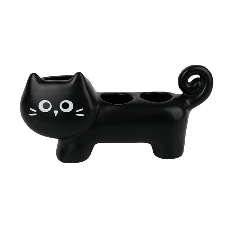 Cute Black Cat Ceramic Toothbrush Holder Multi Compartment Non Slip Base Waterproof for Home Bathroom Decor