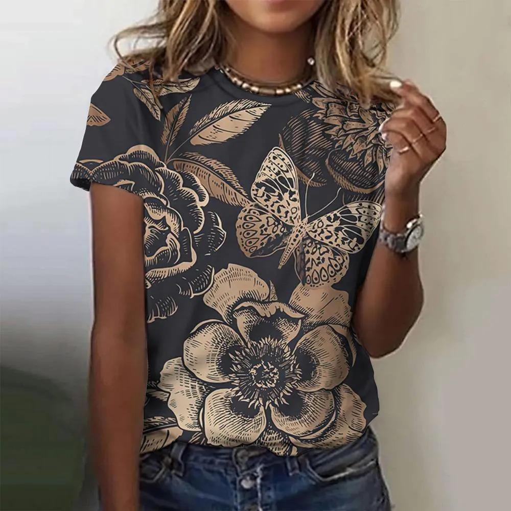 T-shirt da donna estiva a girocollo con stampa fantasia farfalla 3D, alla moda e casual a maniche corte