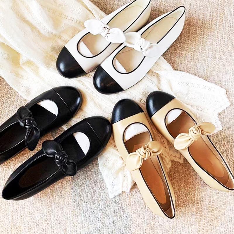 Spring New Ballet Shoes Women's Round Head Bow Pearl Mary Jane Shoes Metal Buckle Commuter Dating