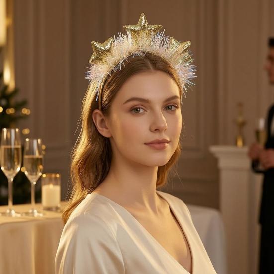 Colorful Rain Silk Star Crown Headband with Sparkly Sequins, 3D Glitter Hair Hoop Decorative Headwear for Wedding Christmas New Year Birthday,