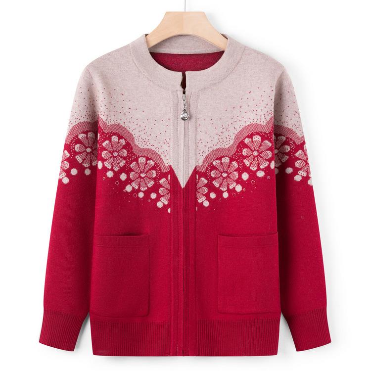 Svetr pro ženy středního a staršího věku na podzim a zimu, raně podzimní oblečení pro matku, bunda na zip s kulatým výstřihem, podzimní kardiganový svetr pro babičku