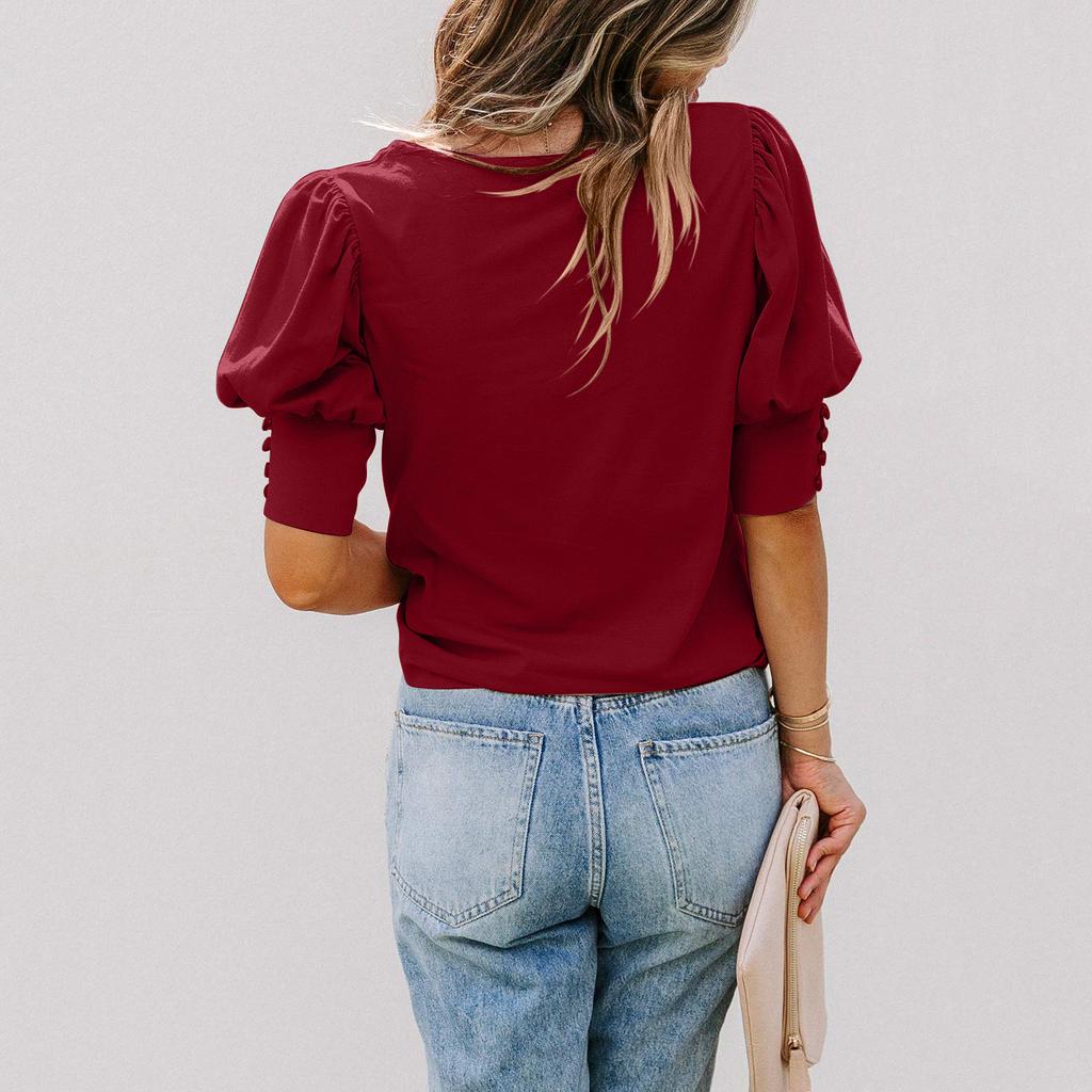 Women's Short Sleeve T-Shirt Round Neck Solid Colour Button Pullover Blouse Top Casual Undershirt