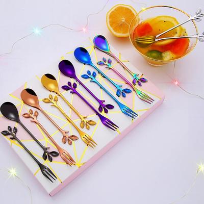2pcs Stainless Steel Cutlery Set Spoon Small Branch Stirring Coffee Spoon Leaf Fruit Fork Gift
