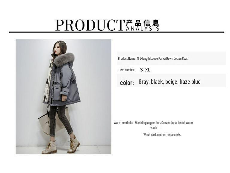 Korean Style Women's Mid-Length Cotton-Padded Parka with Big Fur Collar