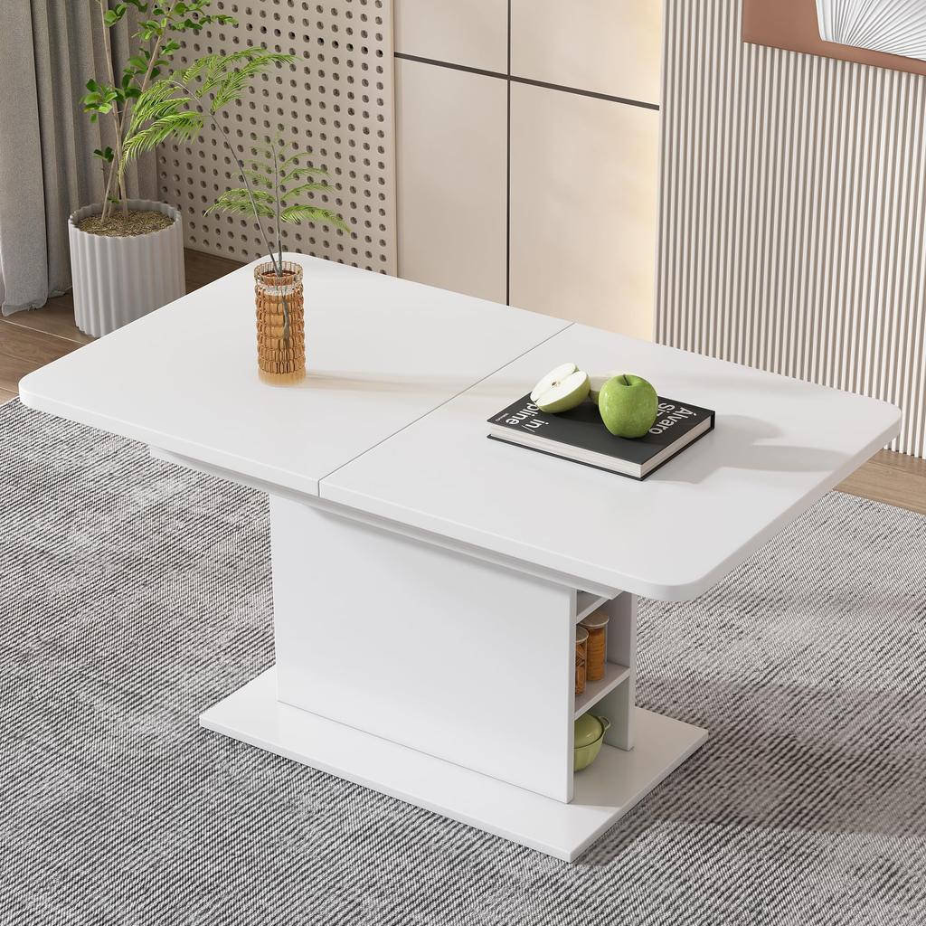 Flieks Dining Table Wood, Extendable Dining Room Table with Storage, White