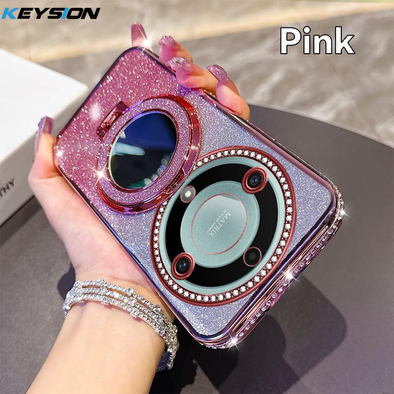 

KEYSION Блестящий магнитный чехол с драгоценными камнями для HONOR X9b 5G X9A 5G, чехол-подставка с зеркалом для макияжа, противоударный чехол для Magic 6 5 Lite 5G for Magic 6 Lite 5G розовый