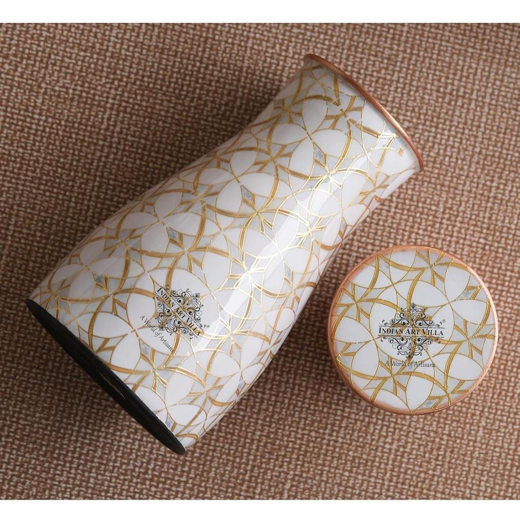 Gold Block Print Copper Water Bedroom Bottle, Designer Copper Drinkware, Volume- 950 ML