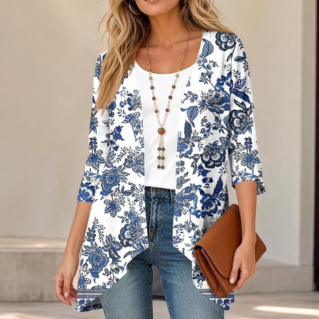 Women's Vintage Floral Print Three-Quarter Sleeve Cardigan Casual Loose Fit Lightweight for Spring Summer