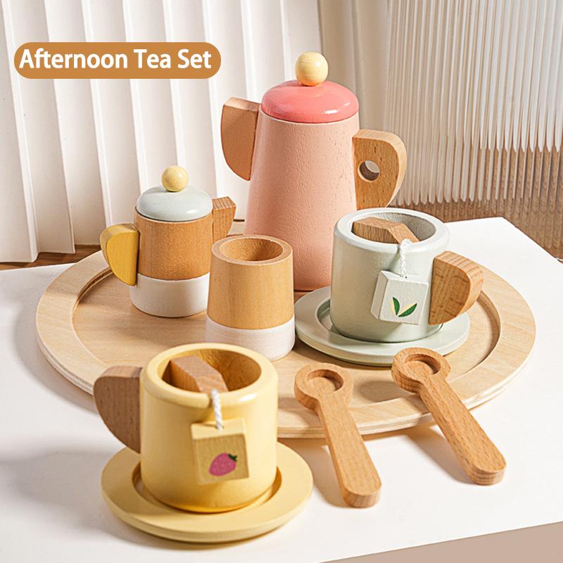 Wooden Pretend Plays Girls Toys Kitchen Game Simulated Makeup Play House Afternoon Tea Playset Cuting Food Educational Toys Gift