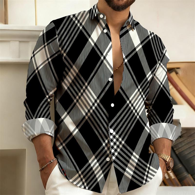 New Men's Shirt with Color Blocking Geometric Stripes, Long-Sleeved, Casual, Outdoor, Street Style, Fashionable Top