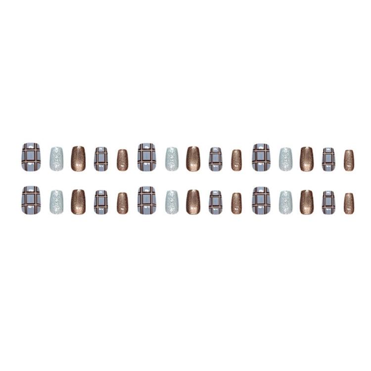 30Pcs Press on Nail Short Square Fake Nail with Plaids Cats Eye Designs Glues on Nail Glossy False Nail Artificial Nail