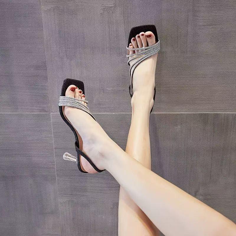 Fashion Niche Design Stiletto Sandals Women's Summer New Temperament Square Toe Open Toe Rhinestone Not Tiring Feet Versatile High Heels