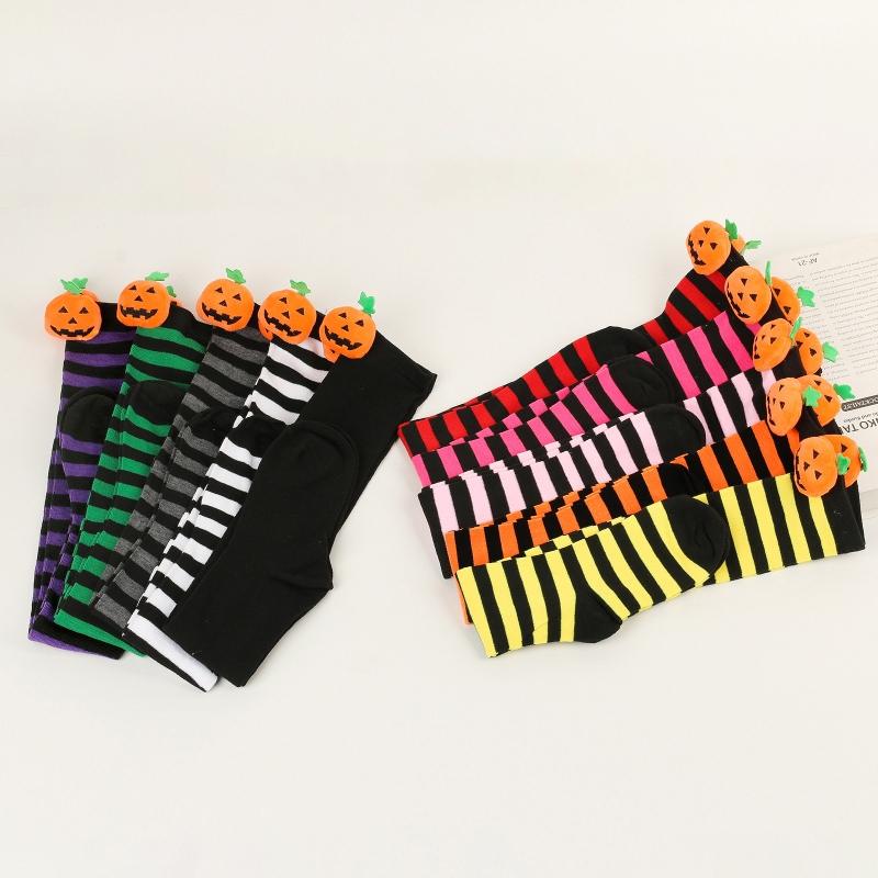 Women Halloween Over Knee Long Socks Cute 3D Wicked Evil Pumpkin Striped Print Thigh High Stockings Holiday Hosiery