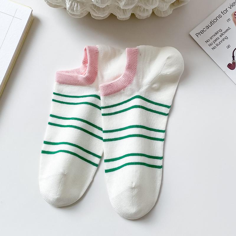 

Women s Non-Slip Striped Cotton Boat Socks - Color Block, Breathable, Invisible, Versatile for Spring/Autumn One Size
