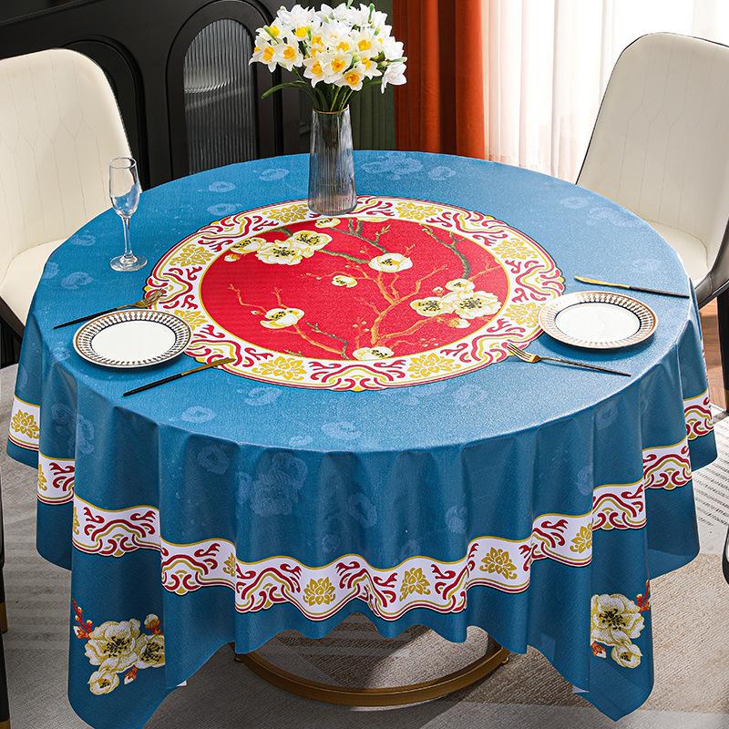 Baxian Table Tablecloth Waterproof, Oil-Proof And Anti-Scalding Leave-In Tablecloth Hotel Round Table Cloth Dining Table Cloth Plum Blossom
