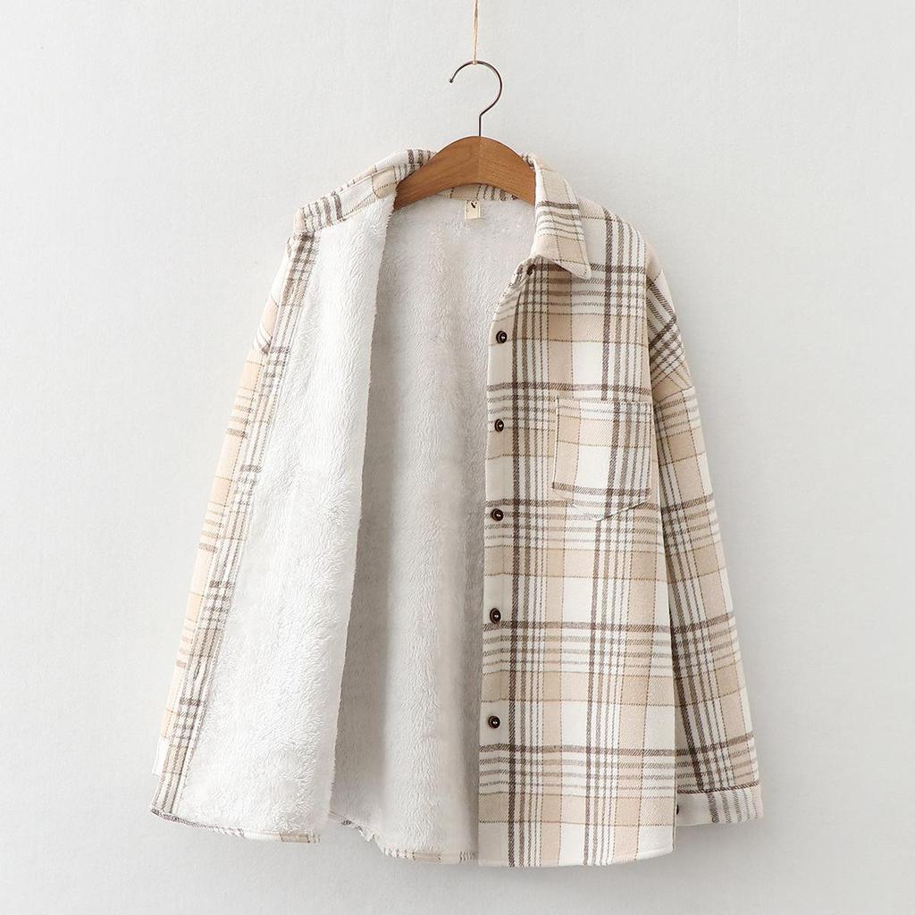 Thick Plaid Shirt Women's Autumn and Winter Plus Velvet Brushed Loose Korean Retro Lazy Style Warm Woolen Coat
