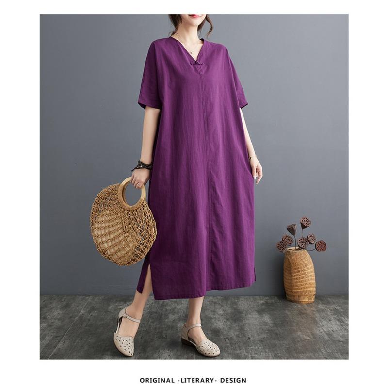 Summer New Cotton and Linen Artistic Retro Pullover Buckle Dress A-line Long Skirt
