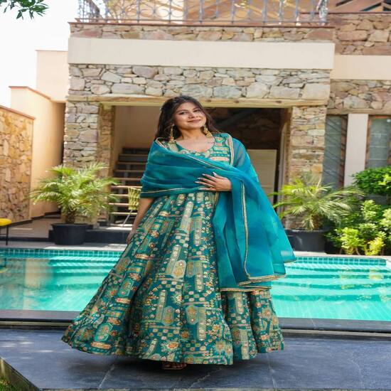 Teal Green Traditional Printed Lehenga Set with Dupatta