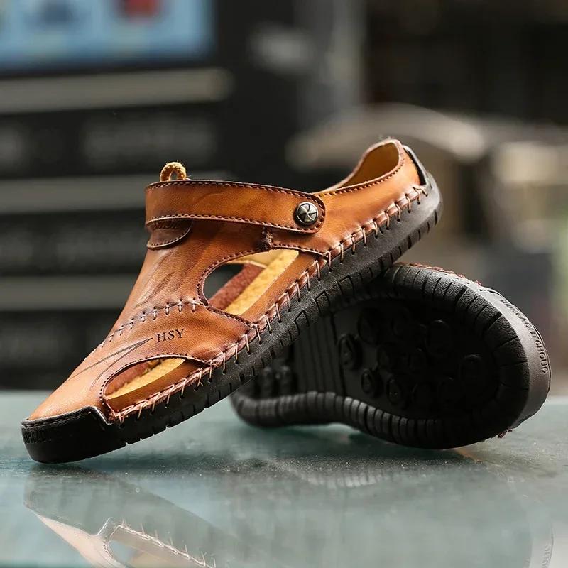 Mode Herren Sandalen Echtes Leder Sommer Strand Badeschuhe Männlich Rutschfest Weich Bequem Outdoor Schuhe Hohe Qualität Herren Sandalen
