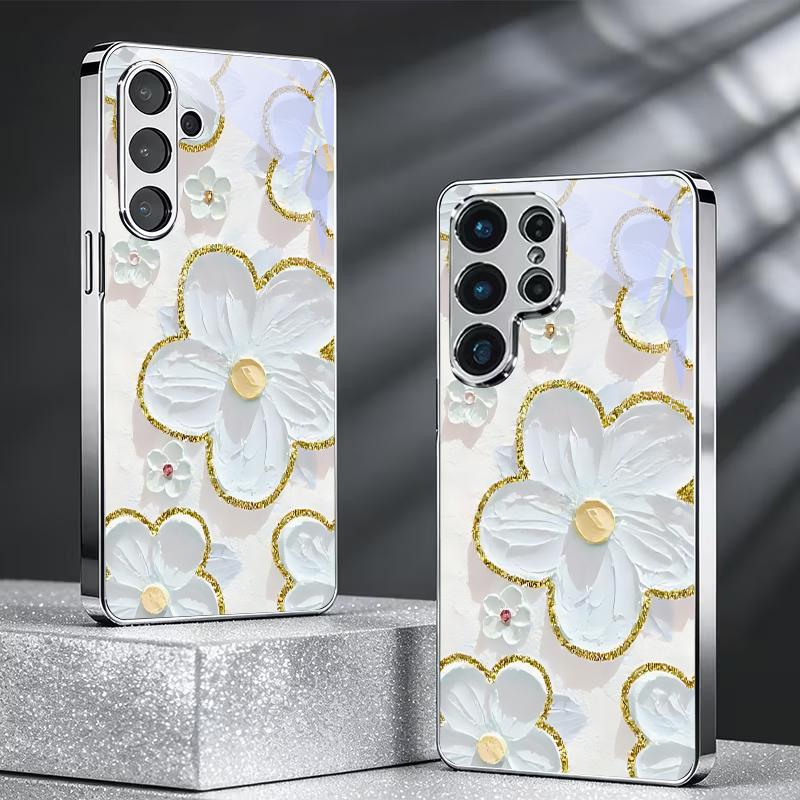 Gilded Impasto Bloom Electroplated Silver Phone Case For Samsung A31 A22 A32 A42 A52 A72 A13 A36 A56 A07 A17 A37 A57 Glass Cover