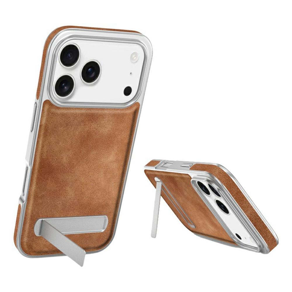 For iPhone 17 Pro Max Case with Hidden Kickstand Leather + PC + TPU Matte Electroplated Phone Cover