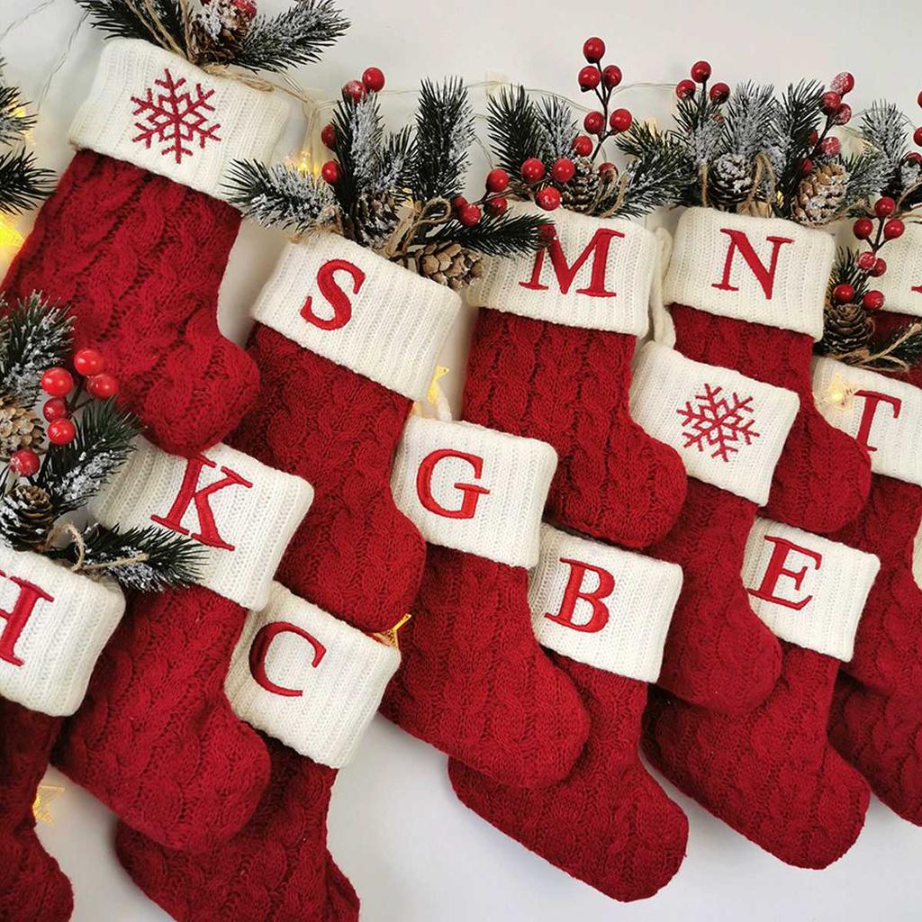 Christmas Socks Knitting Red Snowflake Alphabet Letters Christmas Decoration For Home Tree Ornament Gift Navidad Natal Decoration