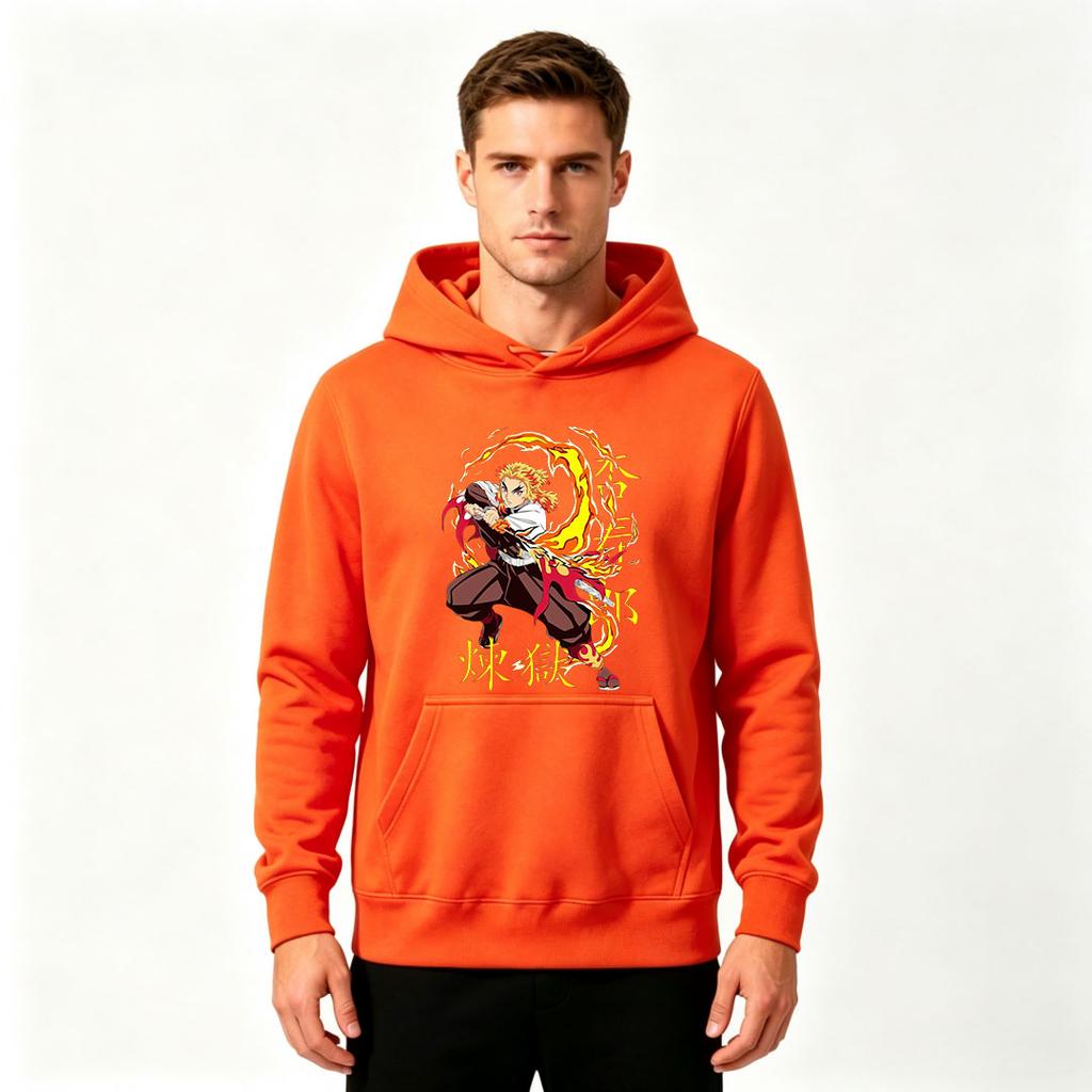 Men's Anime Flame Character Print Pullover Hoodie Casual Long Sleeve Graphic Sweatshirt for Daily Wear