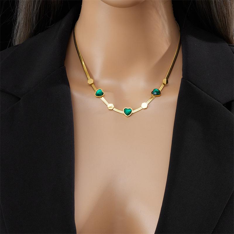 Gold Herringbone Chain Necklace with Green Heart CZ, 18K Gold Plated Dainty Snake Chain Choker, Adjustable Jewelry for Women Daily Wear Gift