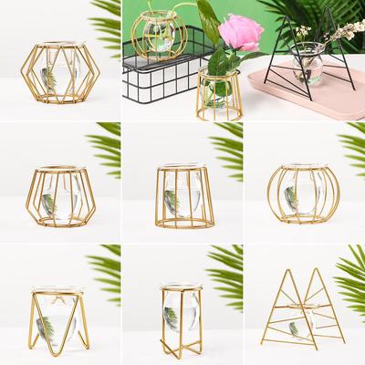 Decoration Plants Frame Terrarium Metal Holder Iron Geometric Pattern Glass Planter Hydroponic Vase