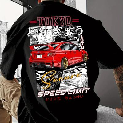 2026 Unisex Sommer Streetwear T-Shirt Tokyo Geschwindigkeitsbegrenzung Grafik & Rotes Sportwagenmotiv Lockerer Schnitt Lässiges T-Shirt Druck Sommer
