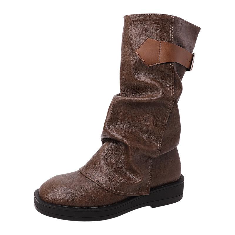 2025 retro belt buckle trousers women's western cowboy boots autumn and winter knee-high fashion boots