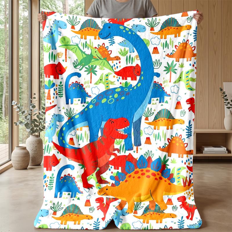 Vibrant Dinosaur Illustration Theme Blanket Lightweight Warm Flannel Blanket Decorative Throw Blanket for Home Decoration