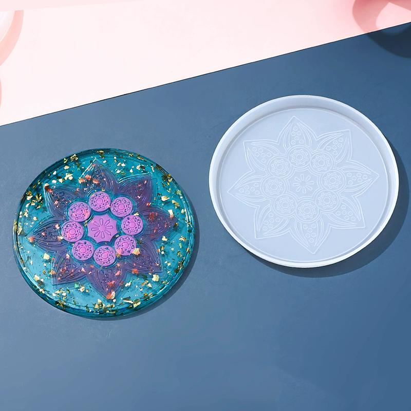 WTEMPO Epoxy Resin Embossing Molds Set DIY Bohemian Style Coaster Making Molds Creative Patterned Silicone Molds Circular Groove Teacup Mats Molds