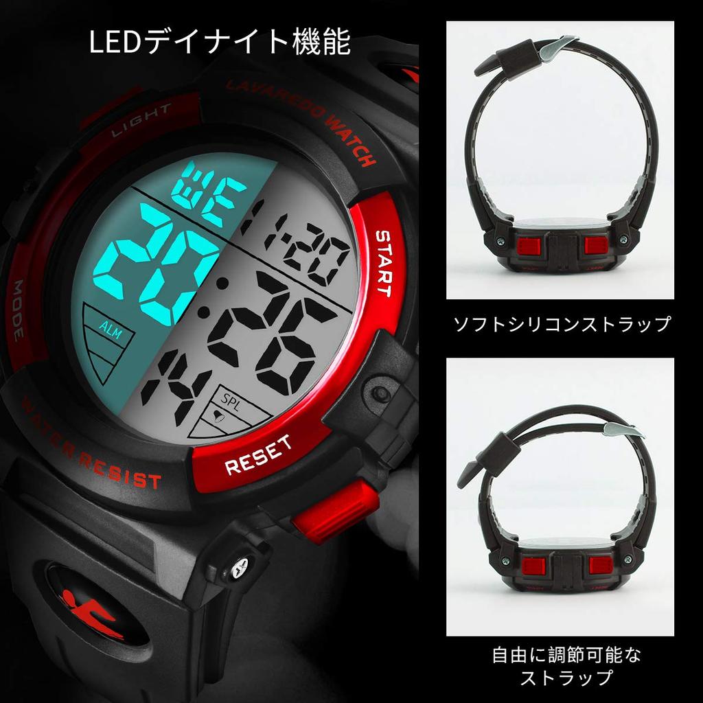 Senors Watch Digital Sports 50m Waterproof Stylish Multifunctional LED Display Outdoor Watch Men's (3-Red)