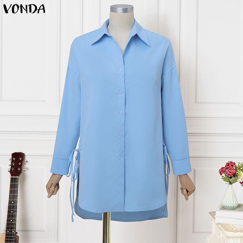 

VONDA Oversized Women Casual Turn Down Collar Long Sleeve Solid Loose Blouse Shirts M синий
