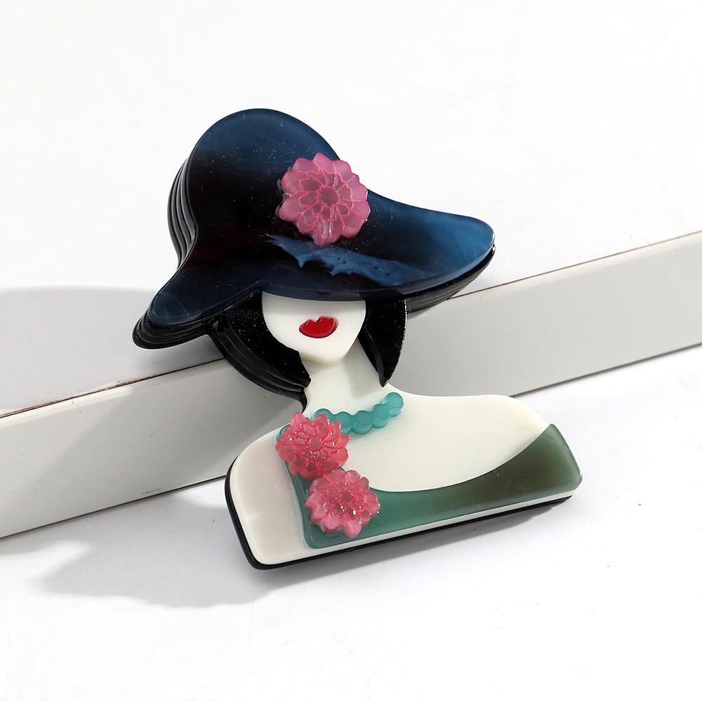 Acrylic Graceful Flower-Hat Lady Figure Brooches for Women Trendy 6-Color Resin Girl Badge Pins Jewelry Clothes Accessories Gift