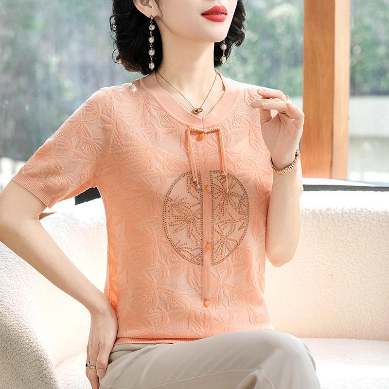 2026 Ice Silk Short-Sleeve Top: Fashionable Summer Blouse for Middle-Aged and Elderly Women