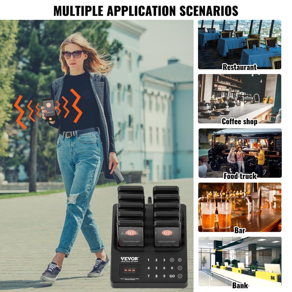 Restaurant Pager System, Wireless 400m Long Range Lineup Waiting Queue Signal, Guest Customer Calling Beepers with Vibration & Flashing, 10 Buzzers